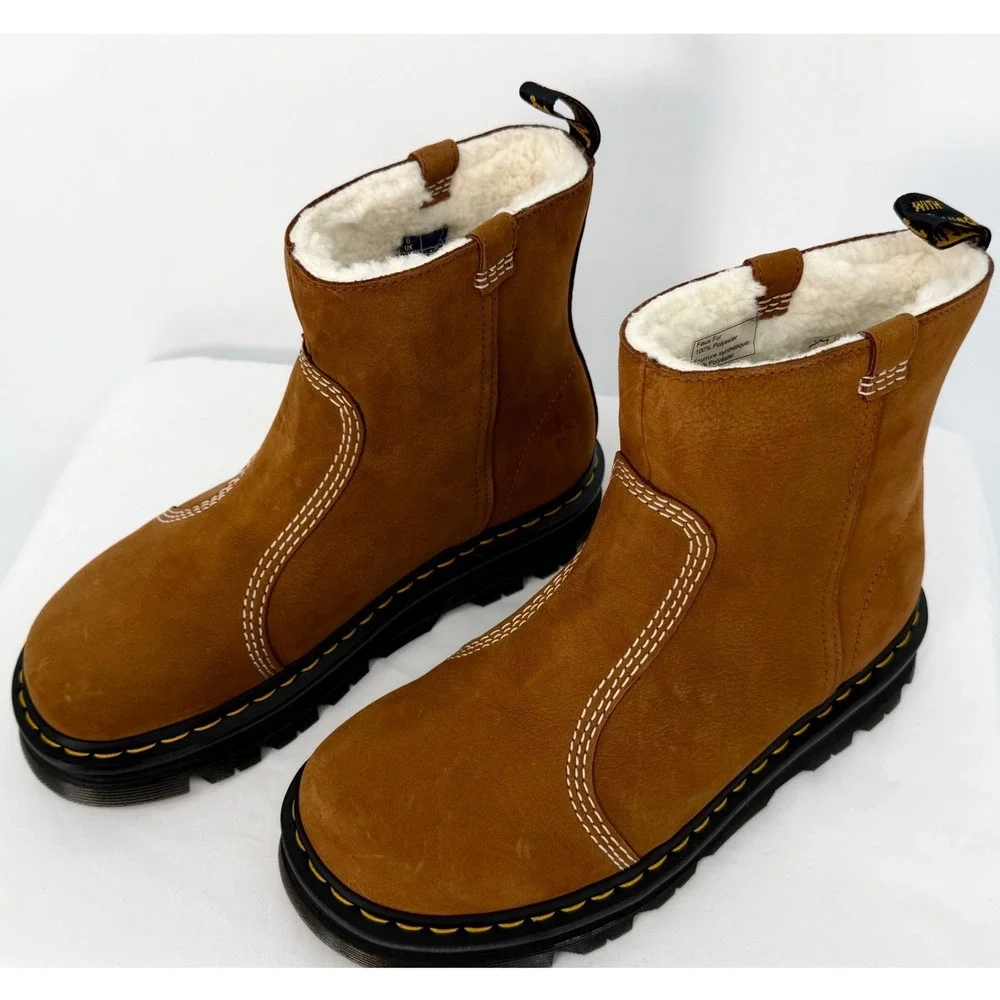 Dr. Martens Zebzag Rigger WL Tan Nubuck Faux Fur Lined Boots 10 NEW 111-01